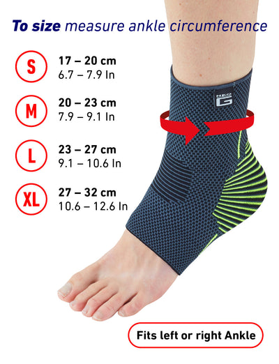 Image of a Neo G USA Active Ankle Support worn on the left foot, featuring size chart for small, medium, large, and extra-large. The brace is blue with a zigzag pattern. Red arrows indicate adjustment features.