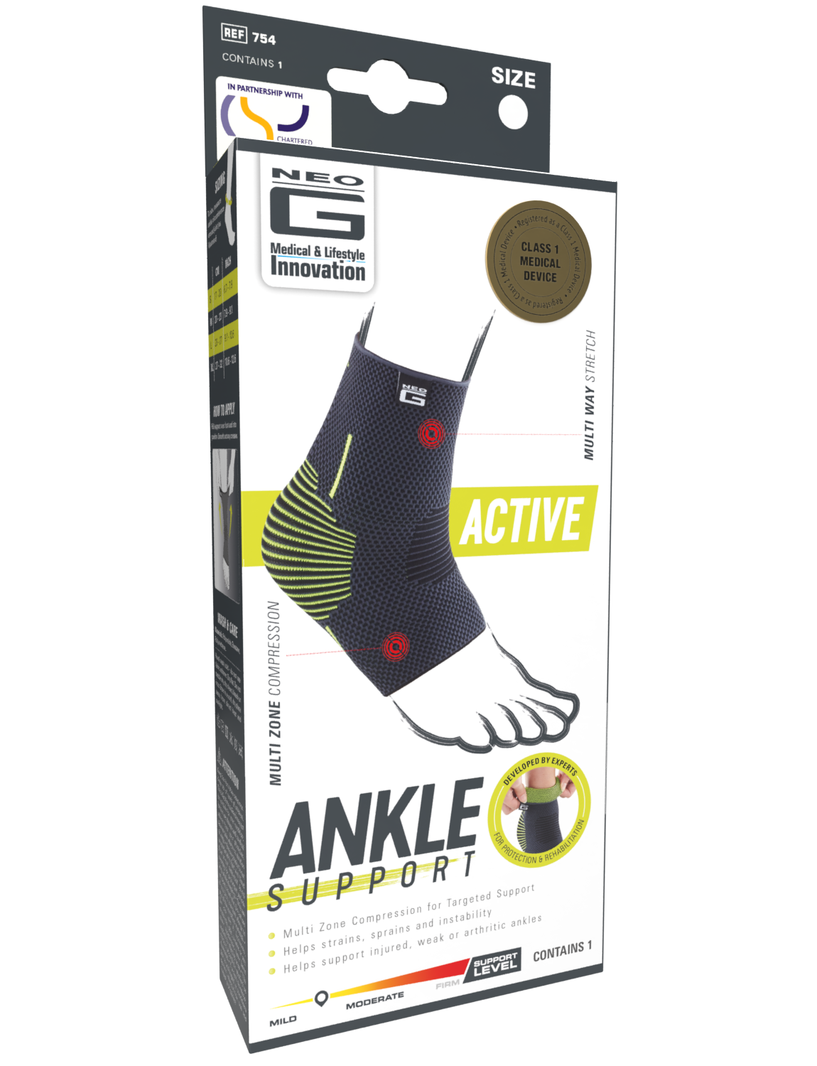 Packaging of Neo G USA Active Ankle Support with breathable fabric, featuring multi-zone compression and silicone cushioning for ankle stabilization. Marked as a class 1 medical device.