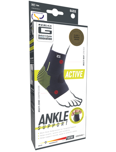Packaging of Neo G USA Active Ankle Support with breathable fabric, featuring multi-zone compression and silicone cushioning for ankle stabilization. Marked as a class 1 medical device.