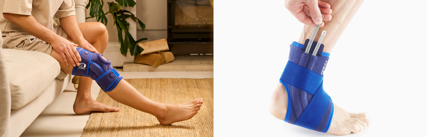 Two images. Left to right: A man wearing the Hinged Open Knee Support and a man wearing Stabilized Ankle Support with Figure of 8 Strap