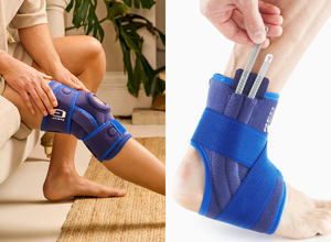 Two images. Left to right: A man wearing the Hinged Open Knee Support and a man wearing Stabilized Ankle Support with Figure of 8 Strap
