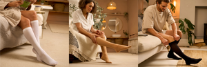 Three images: Left to right, someone wearing Neo G Post Surgical Knee Highs, a woman wearing Neo G Knee High Therapeutic Socks, and a man wearing Neo G Men's Therapeutic Socks 