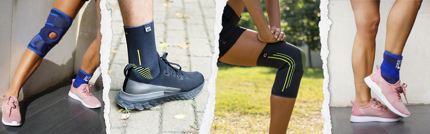 A collage of Neo G products including the VCS Open Knee Support and Ankle Support with Figure of 8 strap and the Active ANkle and Knee Supports