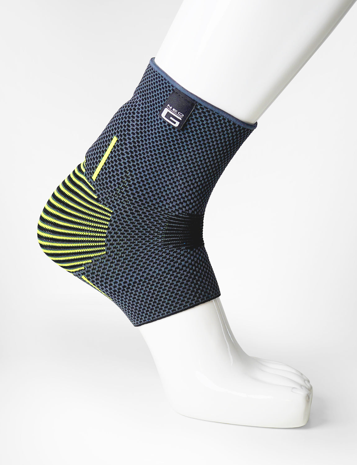Foot mannequin wearing Neo G Active Plus Ankle Support right side showing integrated premium quality silicone joint cushion