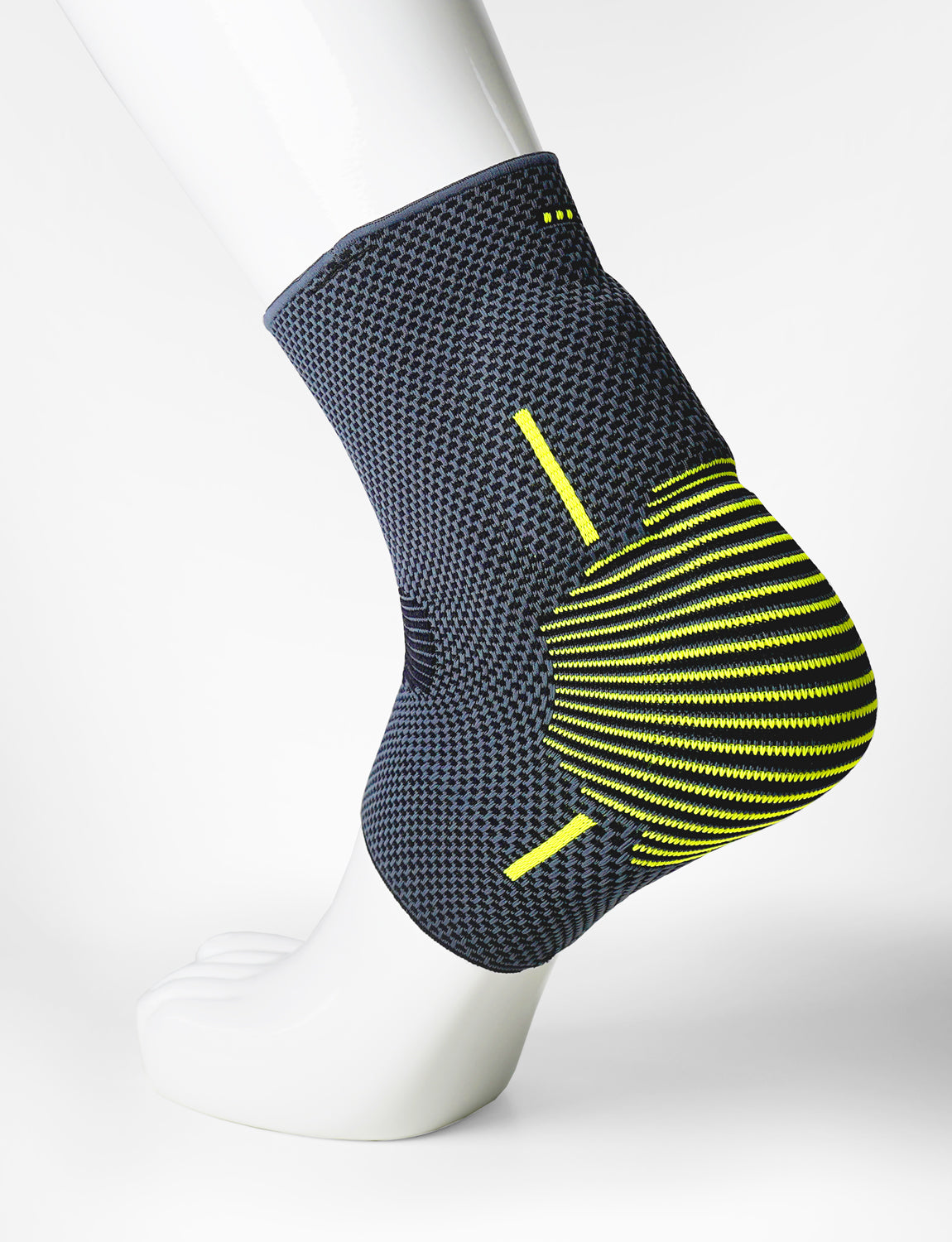 Foot mannequin wearing Neo G Active Plus Ankle Support left side showing integrated premium quality silicone joint cushion