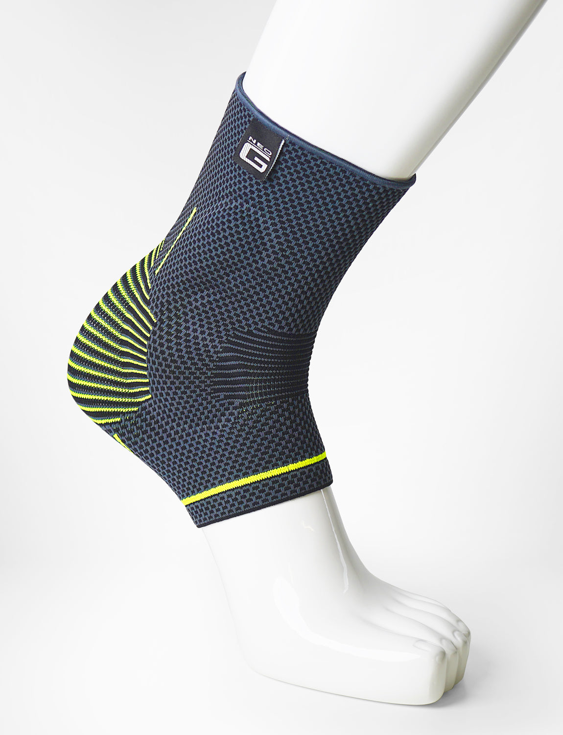 Foot mannequin wearing Neo G Active Plus Ankle Support right side showing integrated premium quality silicone joint cushion