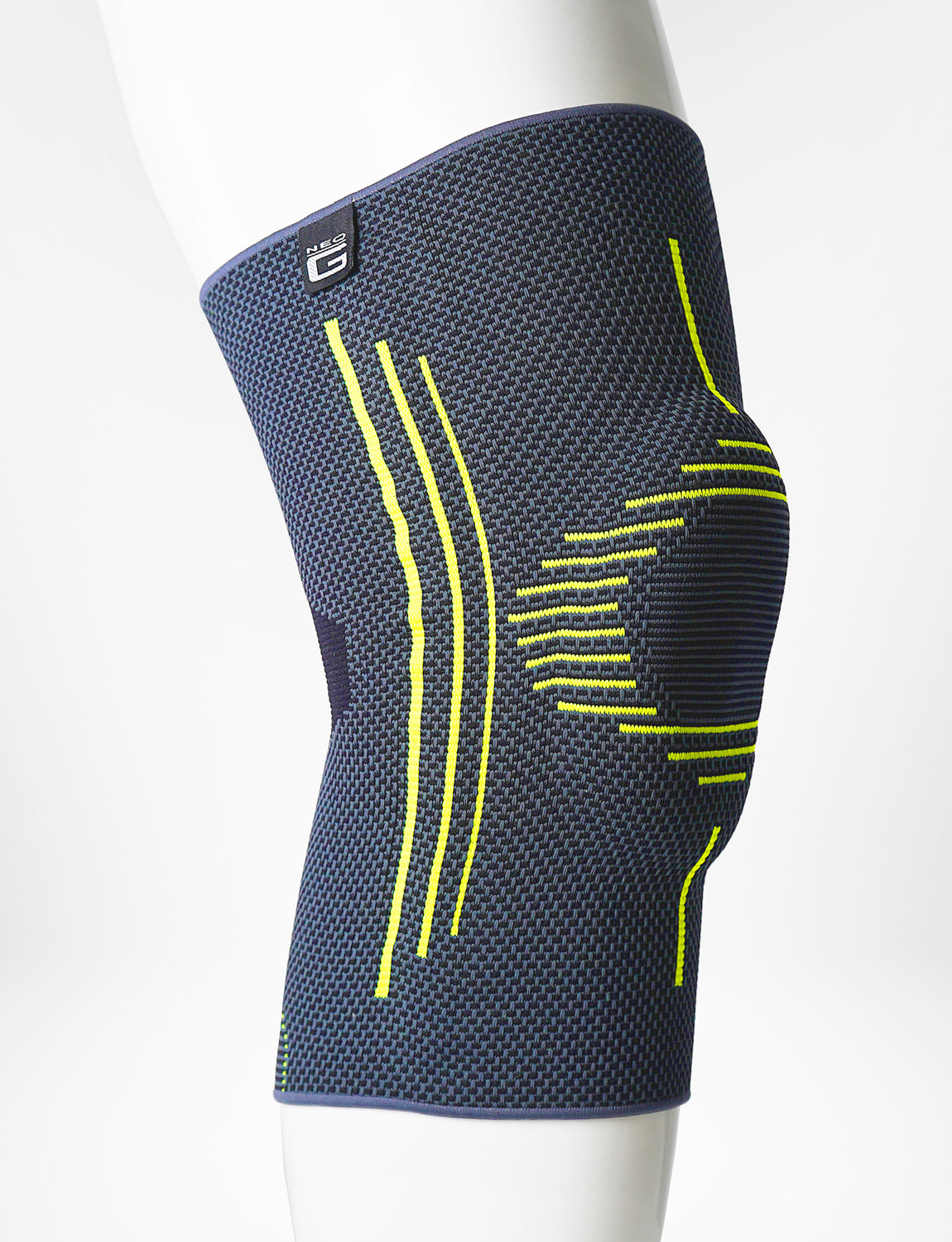 A side view of a dark blue, textured Neo G USA Active Plus Knee Support featuring bright yellow contour lines, displayed on a featureless white mannequin torso.
