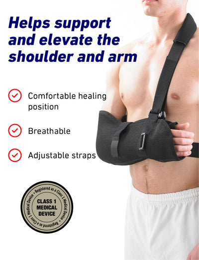 Man wearing Neo G Airflow Breathable Arm Sling, and list of benefits, and Class 1 Medical Device badge