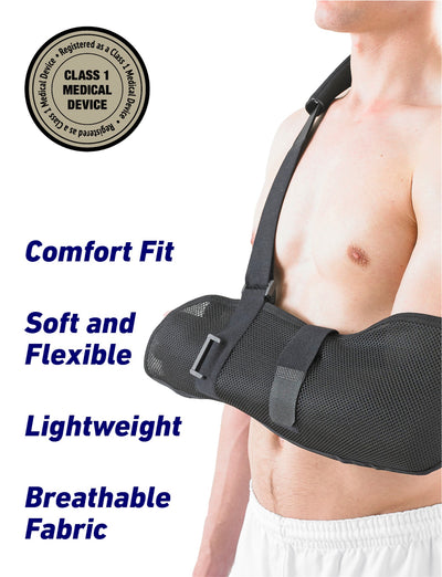 Man wearing Neo G Airflow Breathable Arm Sling, and list of benefits, and Class 1 Medical Device badge