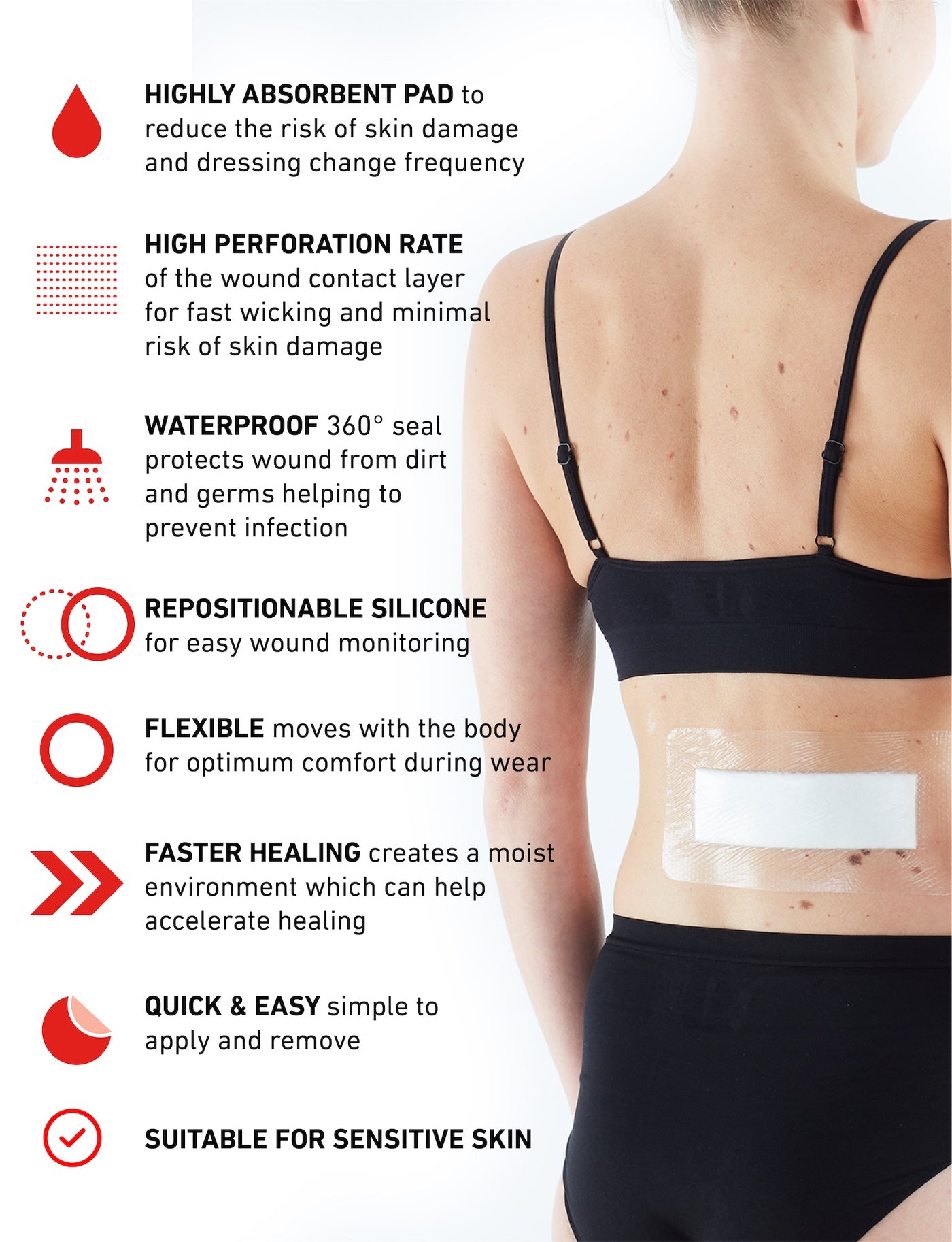 Neo G Silicone Postsurgical Dressing on back, and list of benefits
