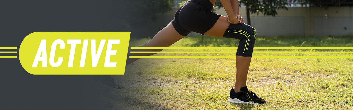Active logo and Woman stretching wearing Neo G Active Knee Support
