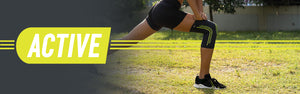 Active logo and Woman stretching wearing Neo G Active Knee Support