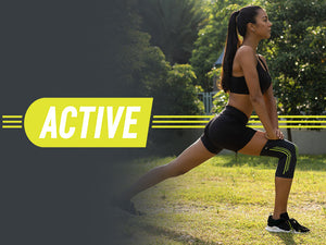 Active logo and Woman stretching wearing Neo G Active Knee Support