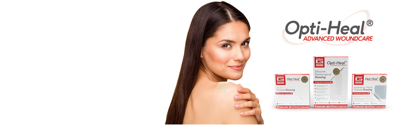Woman holding arm, with Neo G Opti-Heal Silicone Wound Recovery Strip on one shoulder. To the left is the Opti-Heal Advanced Woundcare logo and the product boxes for Silicone Multi Purpose Dressing, Silicone PostSurgical Dressing and the Hydration Multi Purpose Dressing