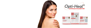 Woman holding arm, with Neo G Opti-Heal Silicone Wound Recovery Strip on one shoulder. To the left is the Opti-Heal Advanced Woundcare logo and the product boxes for Silicone Multi Purpose Dressing, Silicone PostSurgical Dressing and the Hydration Multi Purpose Dressing