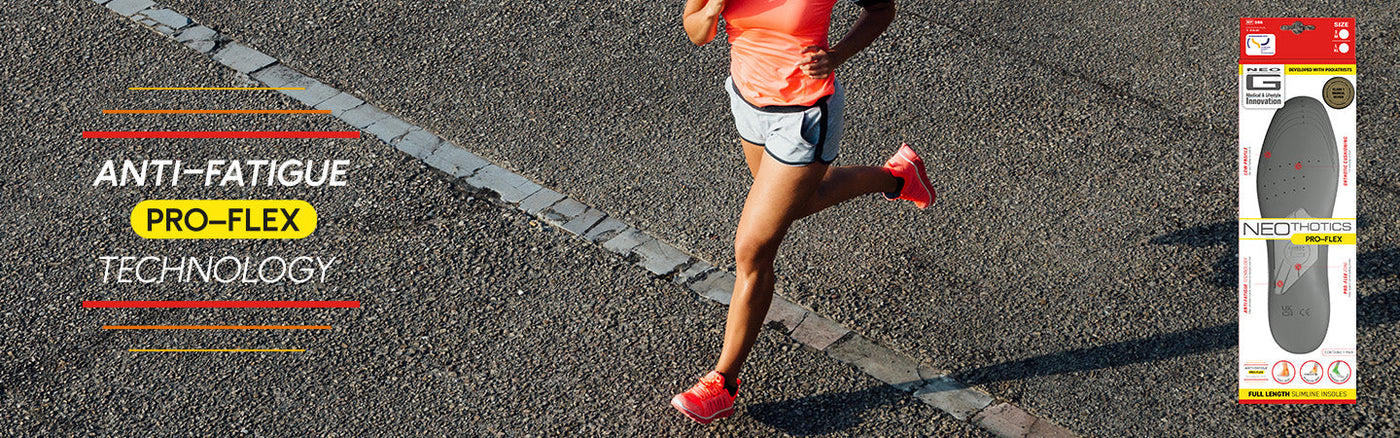 "Anti-fatigue Pro-Flex technology" woman running, and Neo G NeoThotics Pro-flex full length Slimline Insoles box