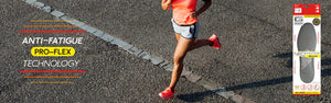 "Anti-fatigue Pro-Flex technology" woman running, and Neo G NeoThotics Pro-flex full length Slimline Insoles box