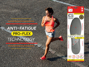"Anti-fatigue Pro-Flex technology" woman running, and Neo G NeoThotics Pro-flex full length Slimline Insoles box