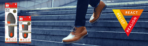 Neo G NeoThotics Pro-Expert boxes, man walking down stairs and triangle with the words "React, Realign, Relief" on each side