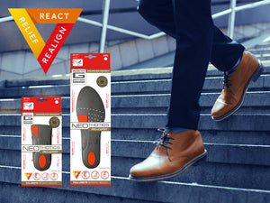 Neo G NeoThotics Pro-Expert boxes, man walking down stairs and triangle with the words "React, Realign, Relief" on each side