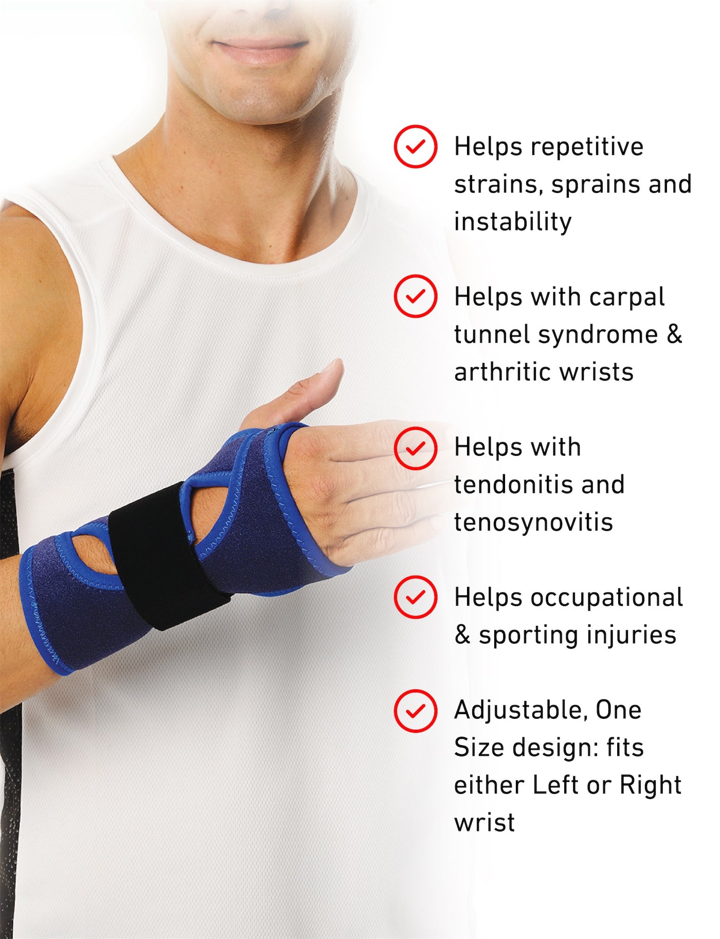 Man wearing Neo G Universal Wrist Brace and list of benefits
