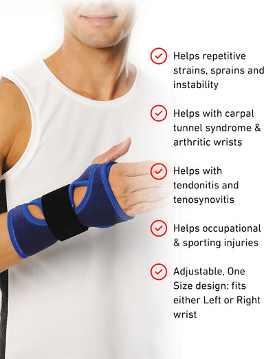 Man wearing Neo G Universal Wrist Brace and list of benefits