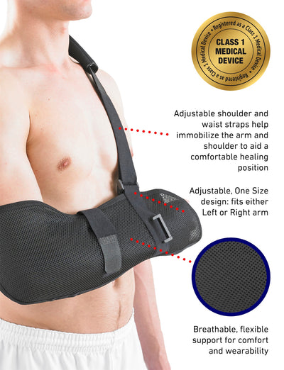 Man wearing Neo G Airflow Breathable Arm Sling, highlighting adjustable shoulder and waist straps, universal design, and breathable, flexible fabric, with Class 1 Medical Device badge
