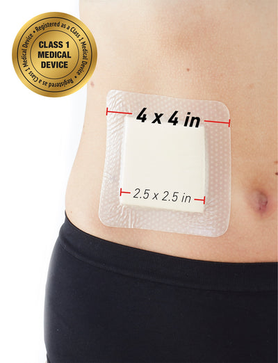 Neo G Silicone Foam Absorbent Dressing on stomach labeling measurements, 4 by 4 inch dressing and 2.5 by 2.5 inch absorbent pad, with Class 1 Medical Device badge