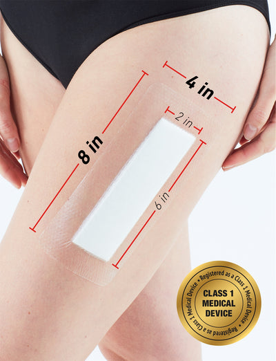 Neo G Silicone Postsurgical Dressing on leg labeling measurements, 4 by 8 inch dressing and 2 by 6 inch absorbent pad, with Class 1 Medical Device badge