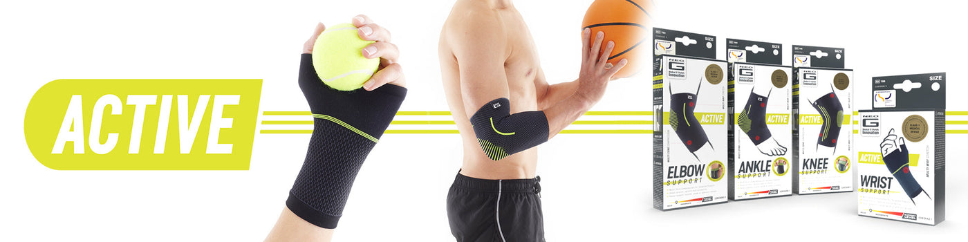 Active logo and hand wearing Neo G Active Wrist Support, and man wearing Neo G Active Elbow Support, and line of boxes of products in the range