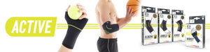 Active logo and hand wearing Neo G Active Wrist Support, and man wearing Neo G Active Elbow Support, and line of boxes of products in the range