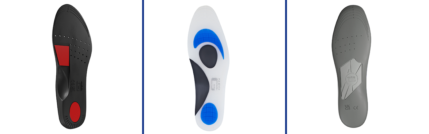 A composite image of the NeoThotics Orthotic Insoles range include the pro-expert insoles, pro-flex insoles and silicone insoles
