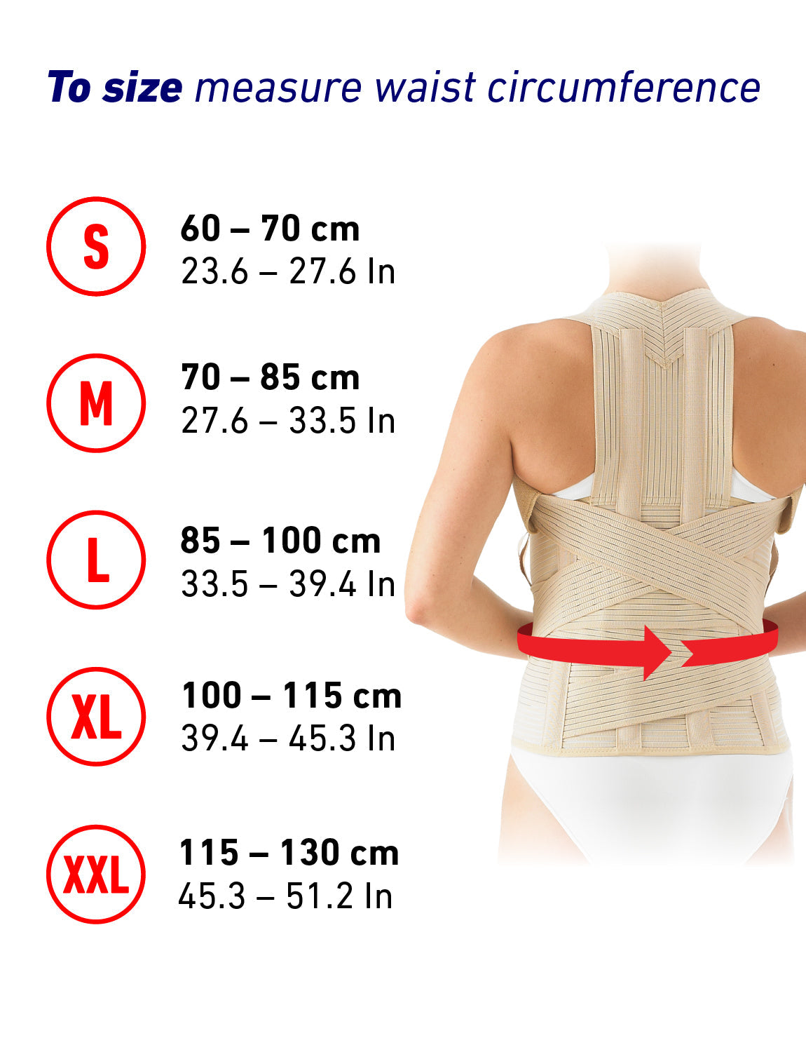Woman wearing Neo G Dorsolumbar Support/Brace facing back with size guide featuring small to extra extra large