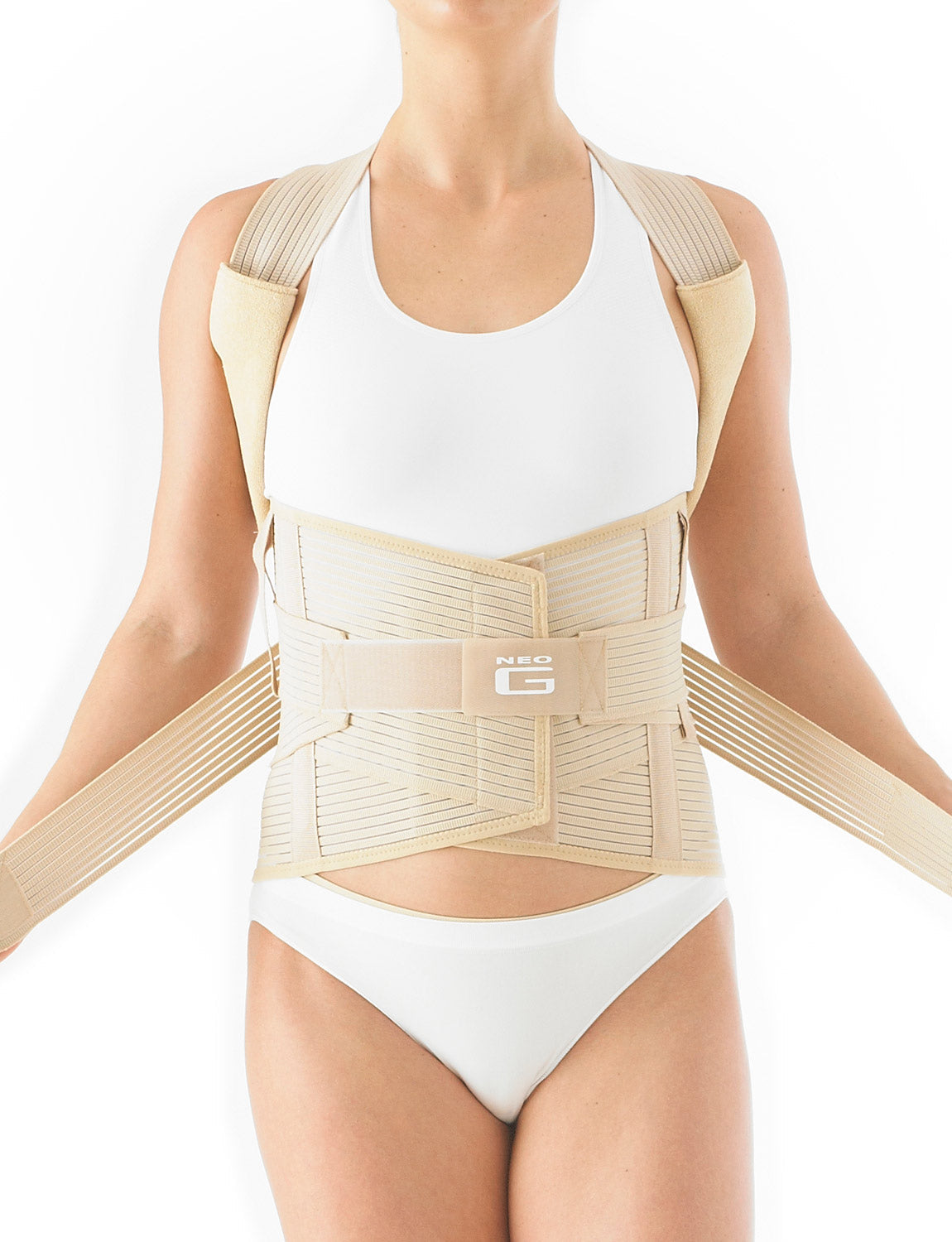 Woman wearing Neo G Dorsolumbar Support/Brace facing front, highlighting adjustable straps on the back