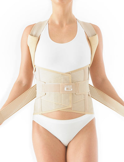Woman wearing Neo G Dorsolumbar Support/Brace facing front, highlighting adjustable straps on the back