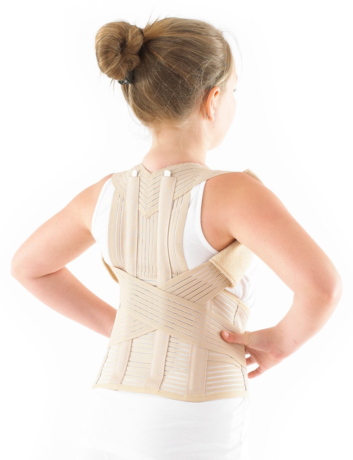 Child wearing Neo G Kids Dorsolumbar Support facing back on an angle showing the comfort arm pads