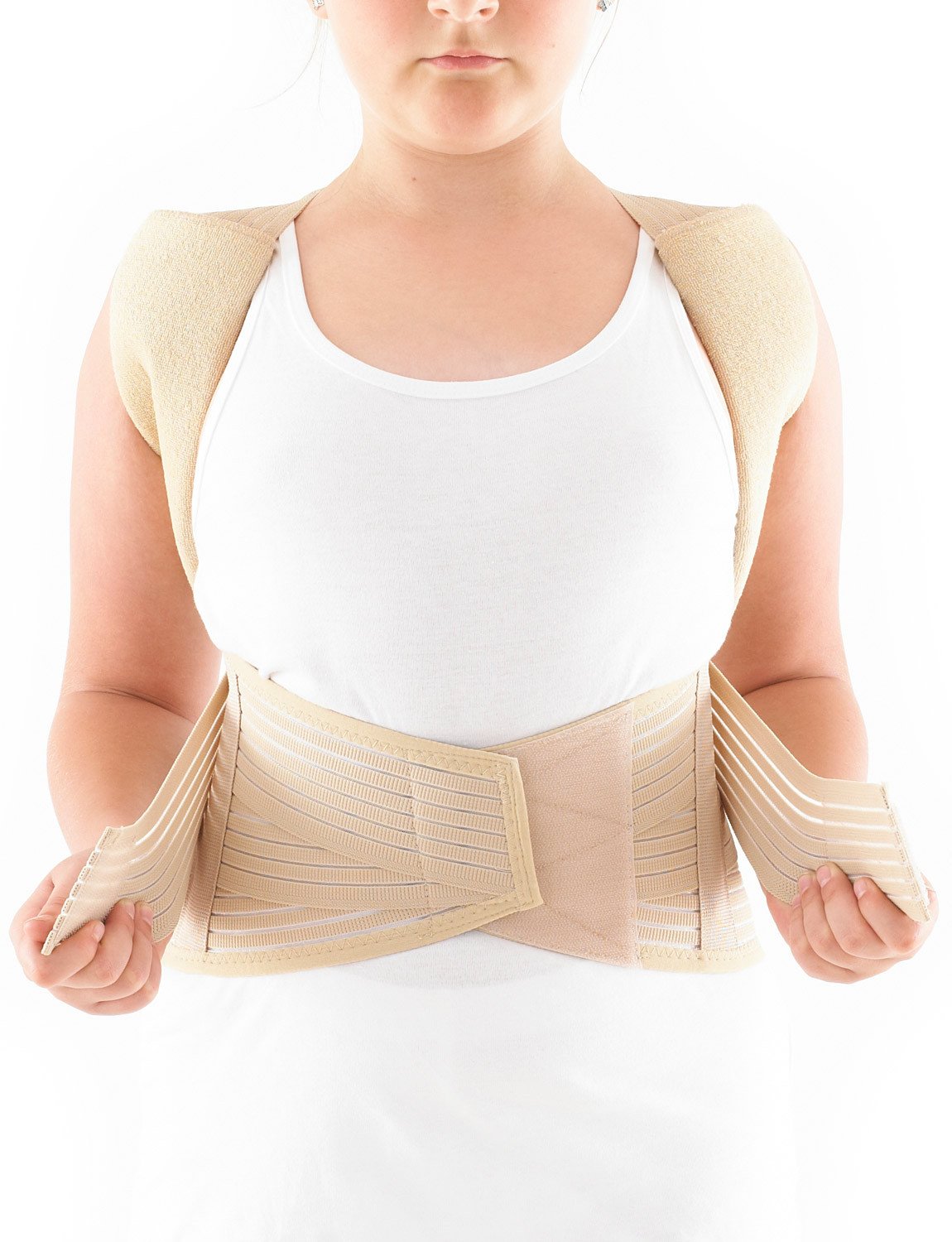 Child wearing Neo G Kids Dorsolumbar Support facing front, highlighting the adjustable straps on the waist