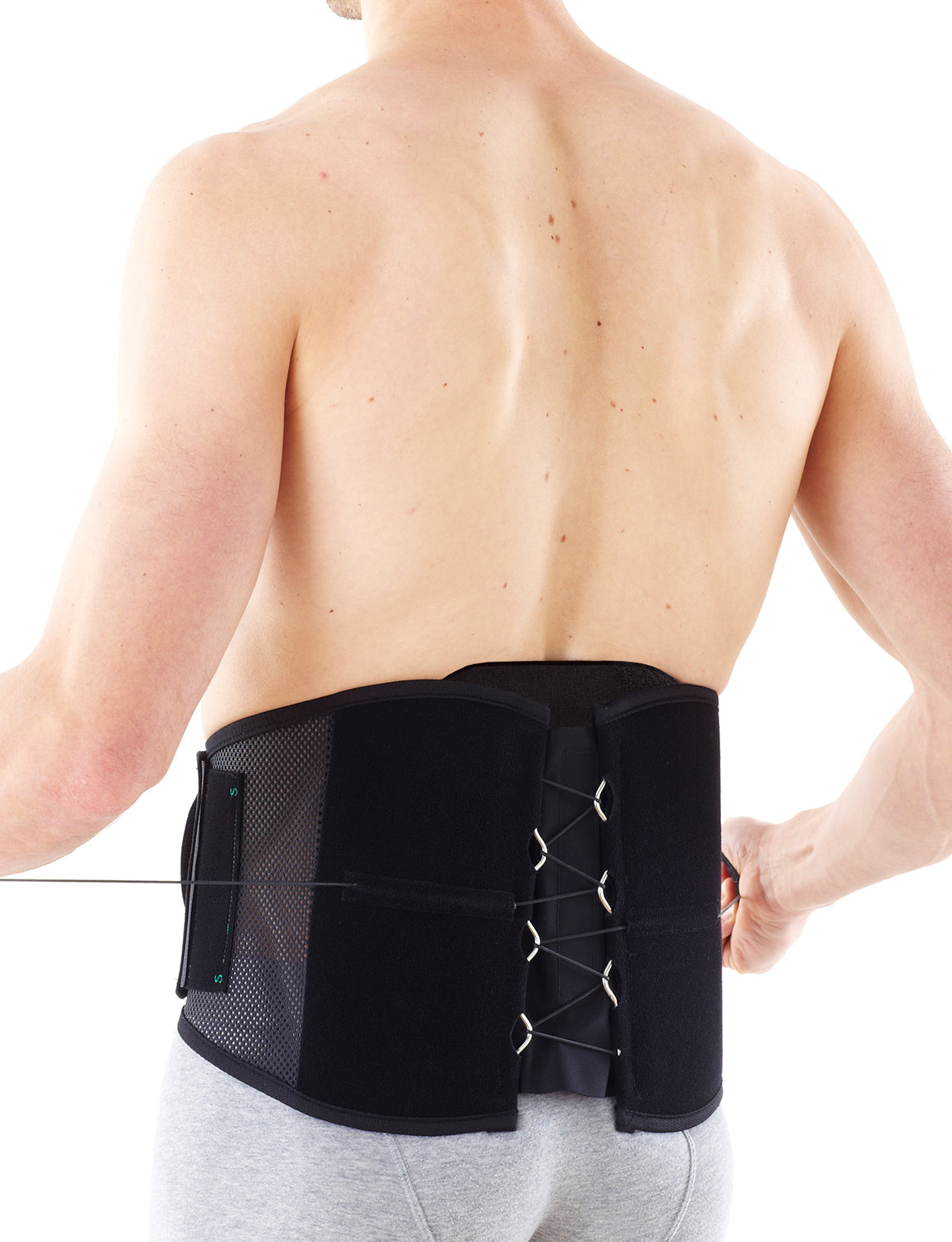 Man tightening Neo G Adjusta-Fit Back Brace facing back