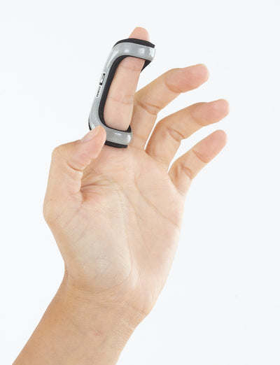 Hand with Neo G Easy-Fit Finger Splint on index finger, palm up