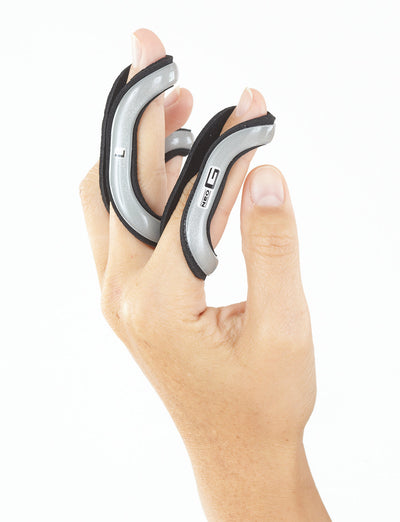 Hand with Neo G Easy-Fit Finger Splint on index, middle, and pinkie finger, side view