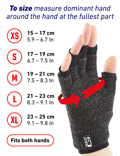 Hand wearing Comfort/Relief Arthritis Gloves, palm up, with size guide featuring extra small to extra large