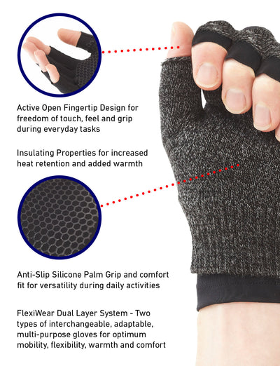 Hand with Comfort/Relief Arthritis Gloves on, palm up, highlighting active open fingertip, insulating properties, anti-slip silicone, and dual layer system