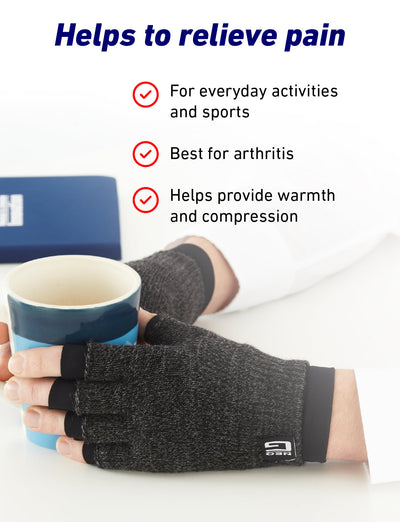 Pair of hands wearing Comfort/Relief Arthritis Gloves holding a mug, with list of benefits