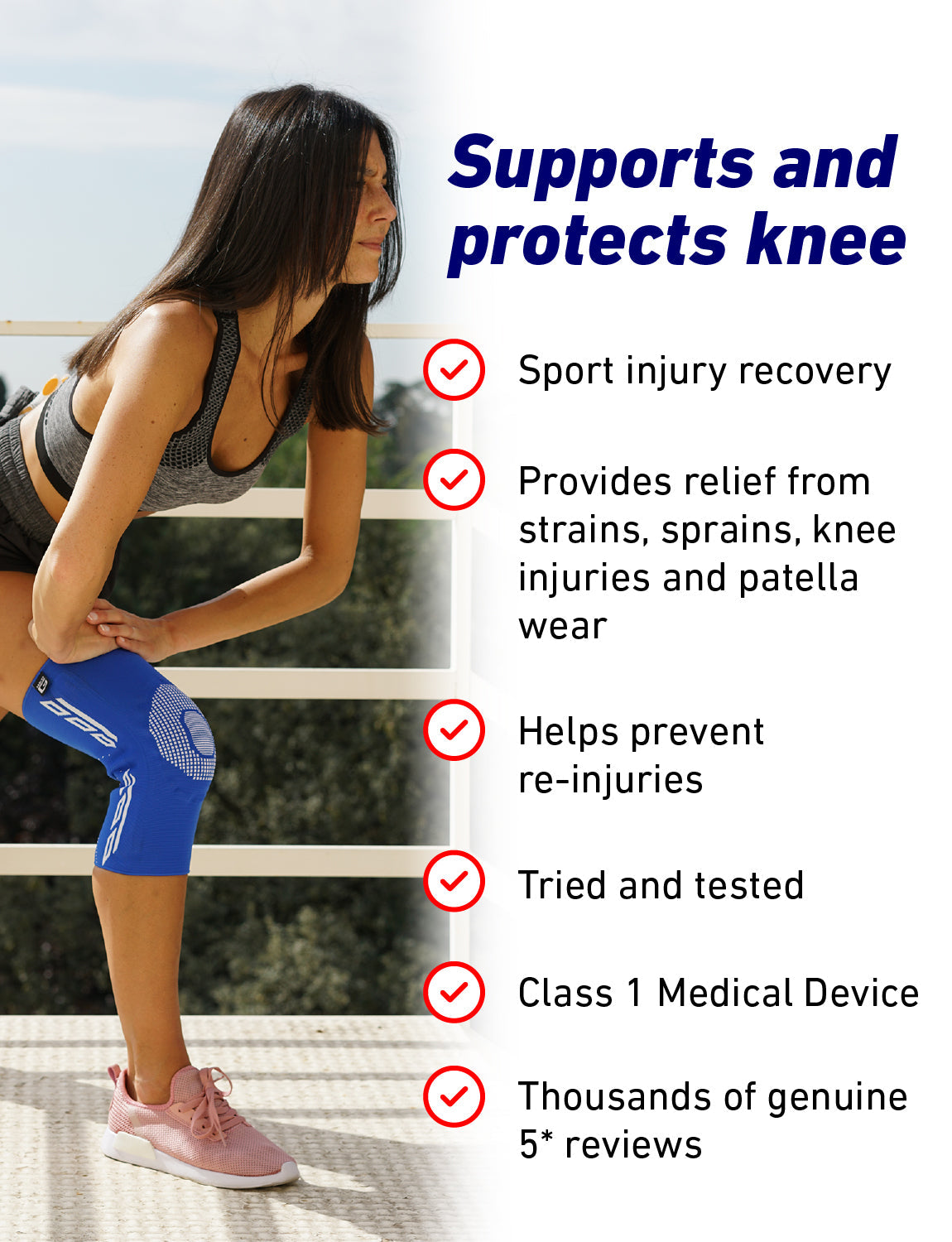 Woman wearing Neo G Airflow Plus Stabilized Knee Support with Silicone Patella Cushion stretching, with list of benefits