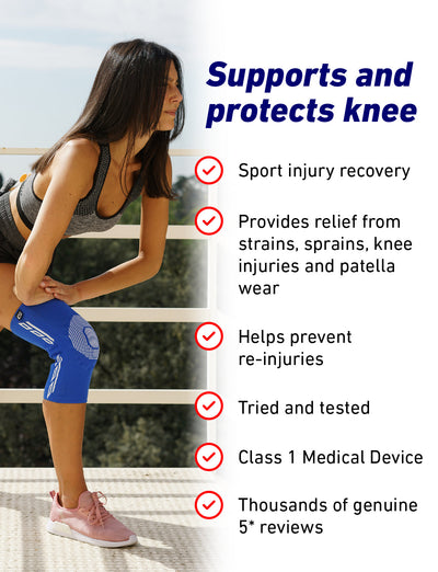 Woman wearing Neo G Airflow Plus Stabilized Knee Support with Silicone Patella Cushion stretching, with list of benefits