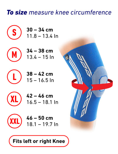 Knee with Neo G Airflow Plus Stabilized Knee Support with Silicone Patella Cushion on, with size guide featuring small to extra extra large