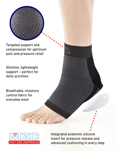 Foot wearing Neo G Plantar Fasciitis Everyday Support facing side highlighting targeted support , slimline, lightweight support, breathable fabric, and integrated silicone insert