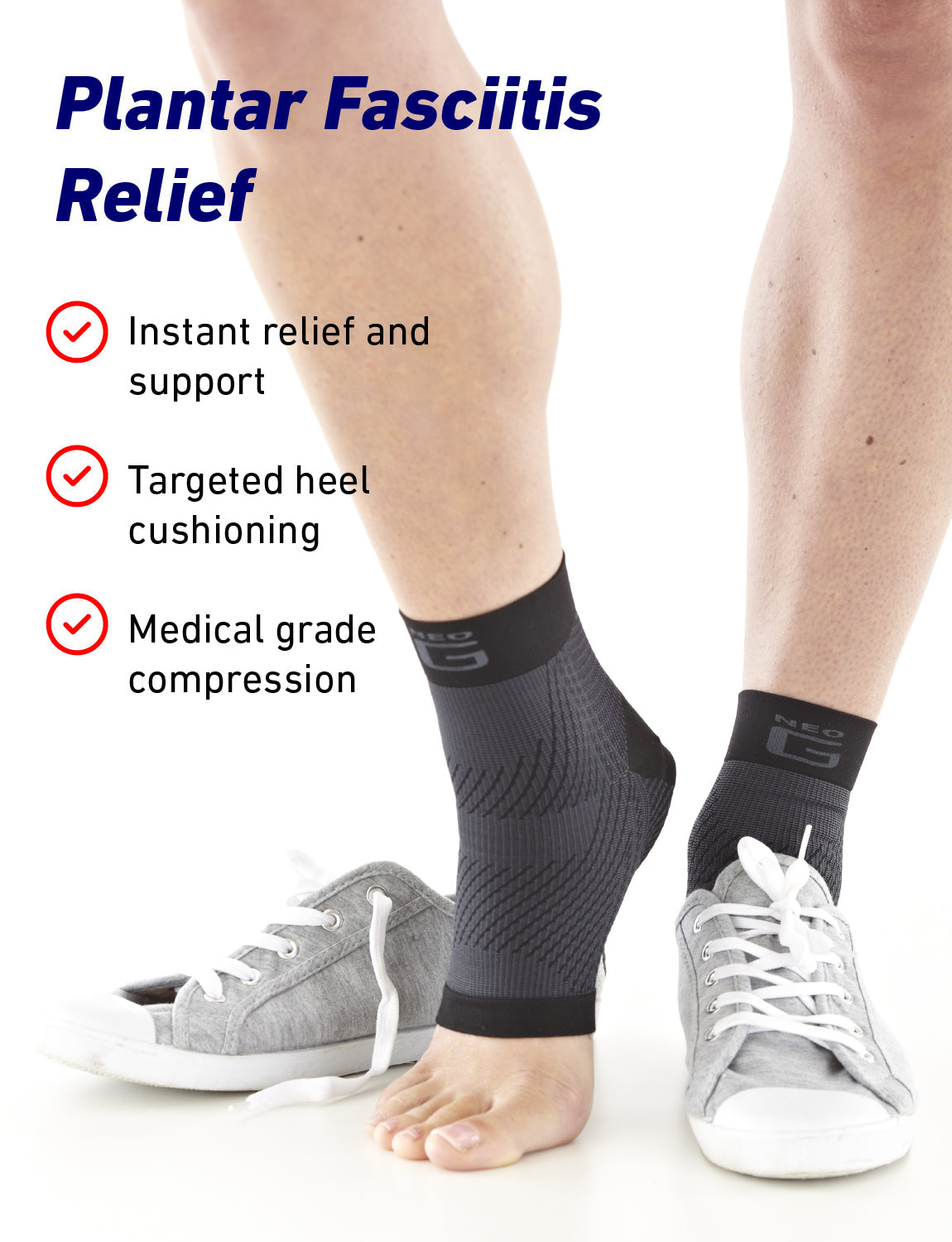 Pair of feet wearing Neo G Plantar Fasciitis Everyday Support, facing front, left foot has shoe overtop, with list of benefits