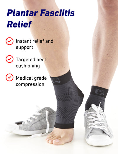 Pair of feet wearing Neo G Plantar Fasciitis Everyday Support, facing front, left foot has shoe overtop, with list of benefits