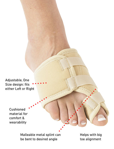 Right foot wearing Neo G Bunion - Hallux Valgus Soft Support highlighting adjustable design, cushioned material, malleable metal splint, and big toe alignment feature